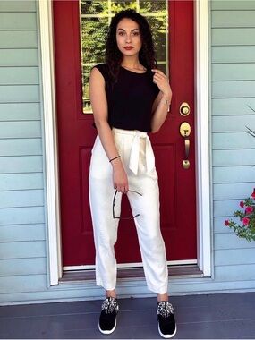 H&M White High-Waist Tie-Belt Trousers